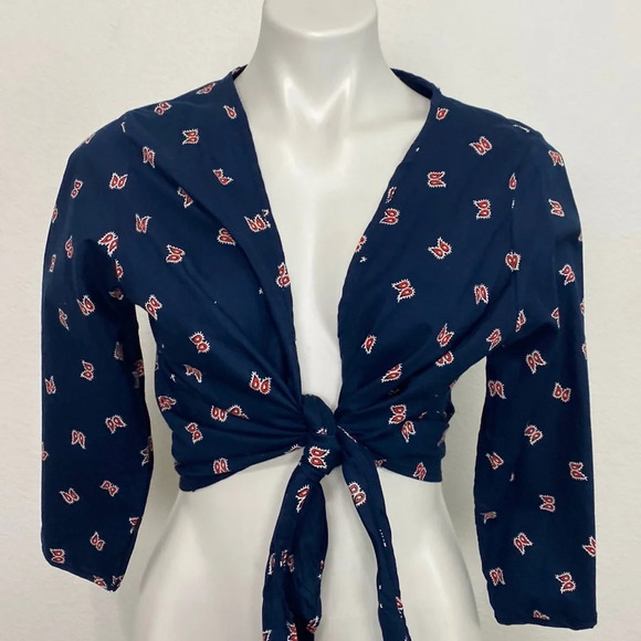 Lemon Grass Studio Blue/Red Bohemian Front Tie Coastal Cropped Coachella Top L - Picture 1 of 4